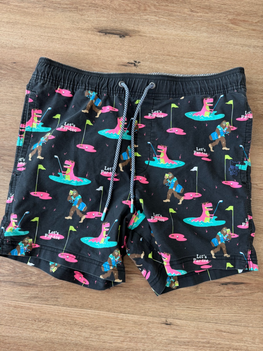 Black Swim Shorts with Pink & Teal Novelty Print